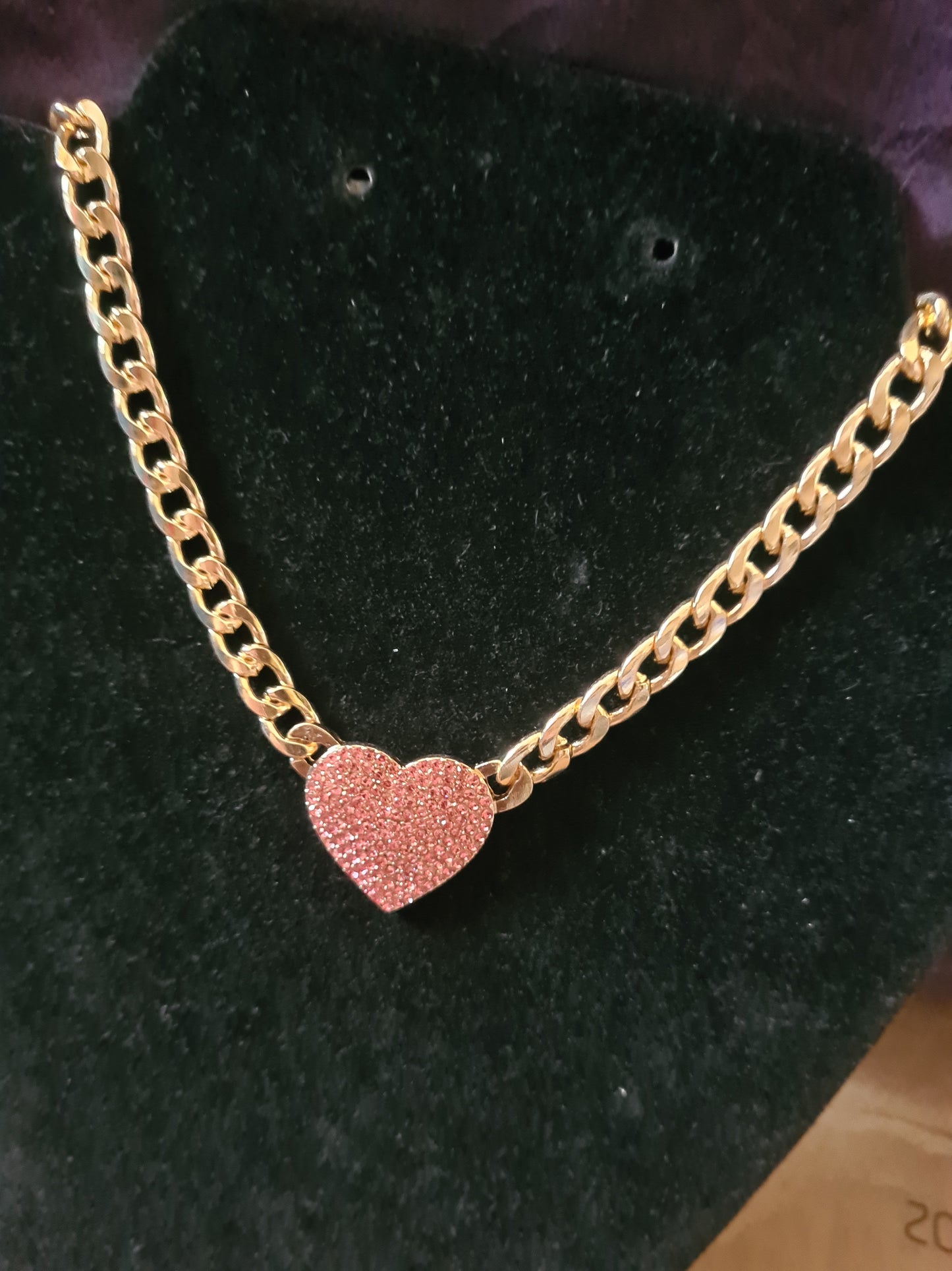 Gold necklace pink heart rhinestone detail