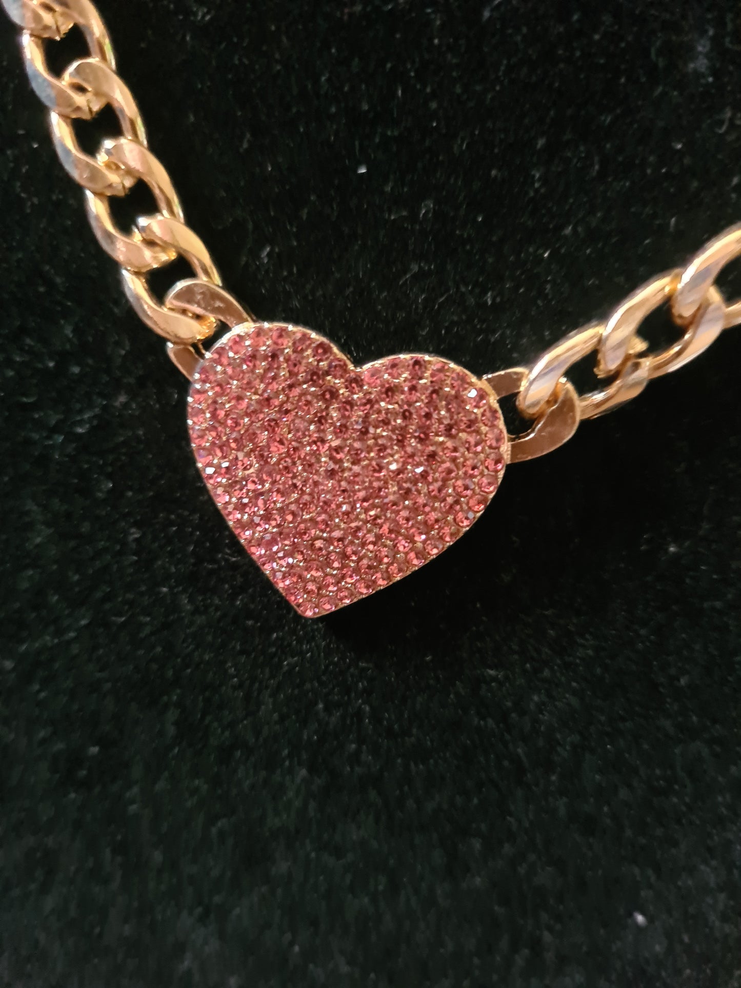 Gold necklace pink heart rhinestone detail